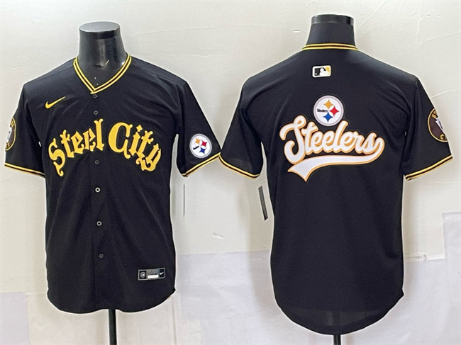 Men's Pittsburgh Steelers Team Big Logo Black 412 Patch Vapor Premier Limited Stitched Baseball Jersey Men's Pittsburgh Steelers Team Big Logo Black 412 Patch Vapor Premier Limited Stitched Baseball Jersey